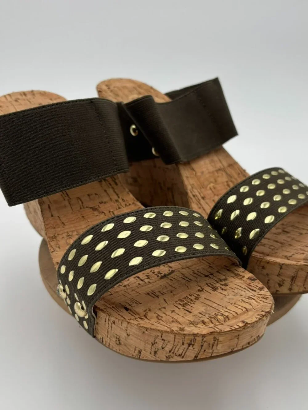 Olive Green Studded Slide Wedge Sandals Cork Platform Open Toe Slip On Shoes 9M